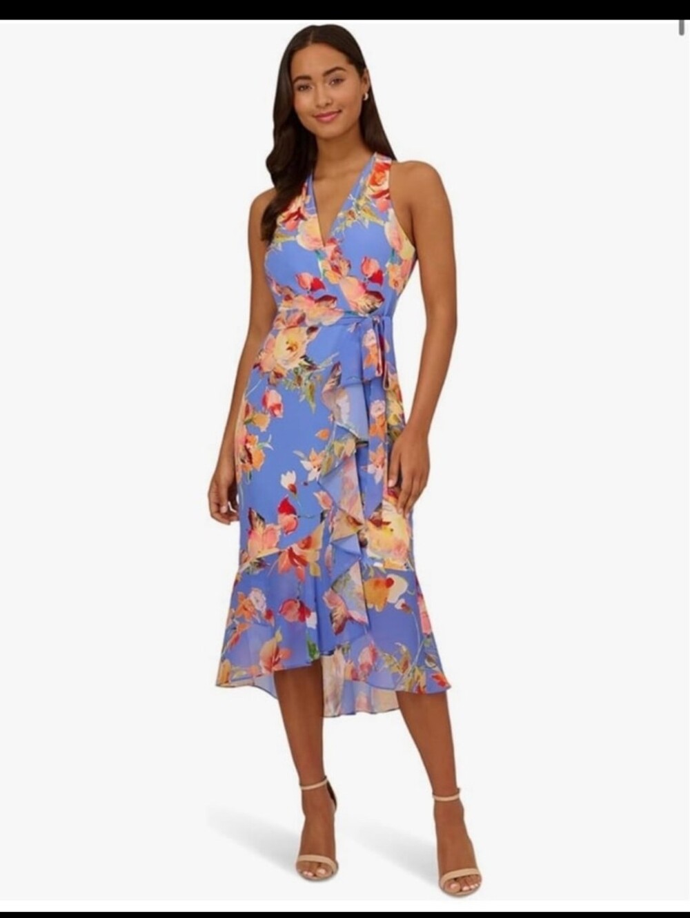 NWT Adrianna Papell Halter Midi Dress Blue w/ Multicolor Flower Print Size 10